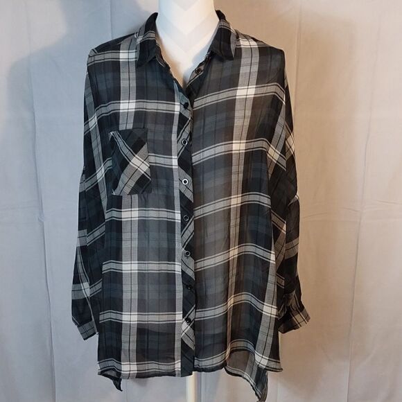 Sans Souci Tops - Sans Souci Black & White Plaid Sheer Oversized Blouse